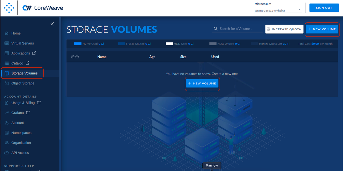 The Storage Volumes management page